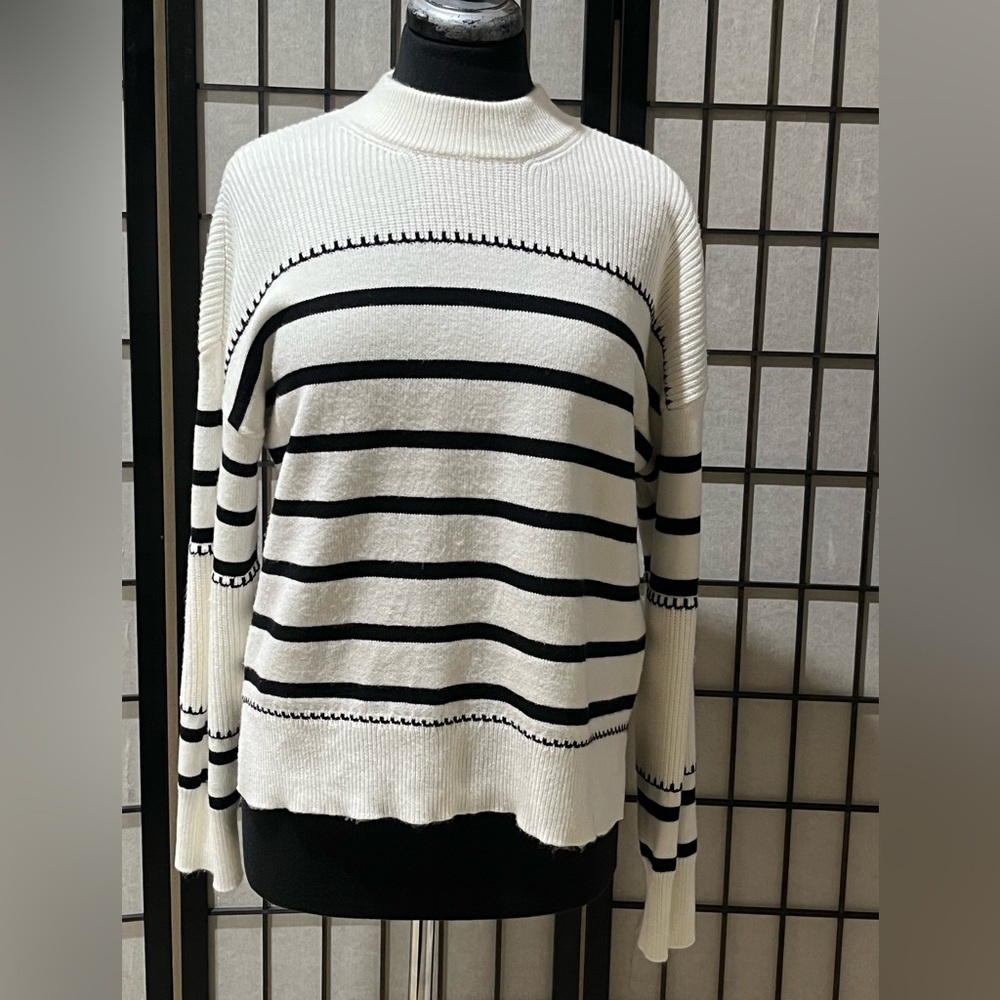 Greige Ribbed Knit Sweater Black - White Stripe, Coastal, WOMEN SIZE L - Picture 6 of 13